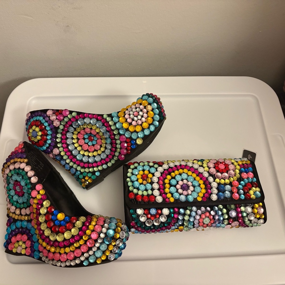 Colorful Beaded Wedge Heels and Clutch Set